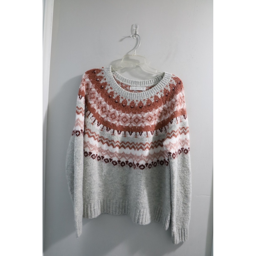Abercrombie & Fitch Womens XL Fair Isle Yoke Knit Sweater Gray Pink Pullover